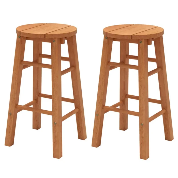 Set of 2 Outdoor Wood Bar Stools with Round Seat and Footrest for Patio Seating