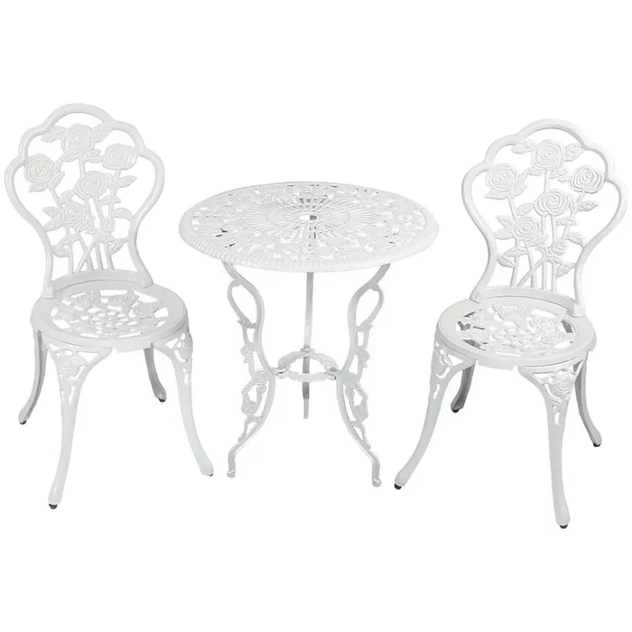 Sunnydaze Flower Design Cast Aluminum 3-Piece Patio Bistro Set – White