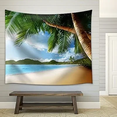 Sunset on Beach ANSE Takamaka of Mahe Island, Seychelles – Fabric Wall Tapestry Home Decor – 51×60 inches