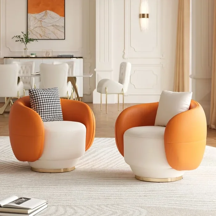Swivel Barrel Accent Chair Faux Leather Armchair for Living Room in Orange & White (35″ Wide)