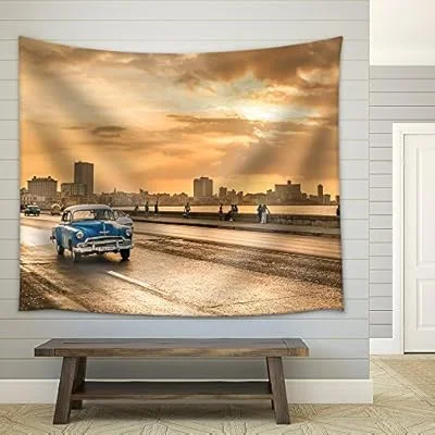 The Sun Setting Over The City of Havana with a View of The Malecon Avenue – Fabric Wall Tapestry Home Decor – 68×80 inches
