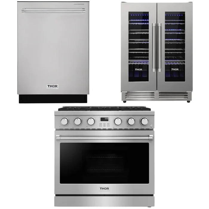 THOR Contemporary Package – 36″ Gas Range, Dishwasher and Wine Cooler, AP-ARG36-A33