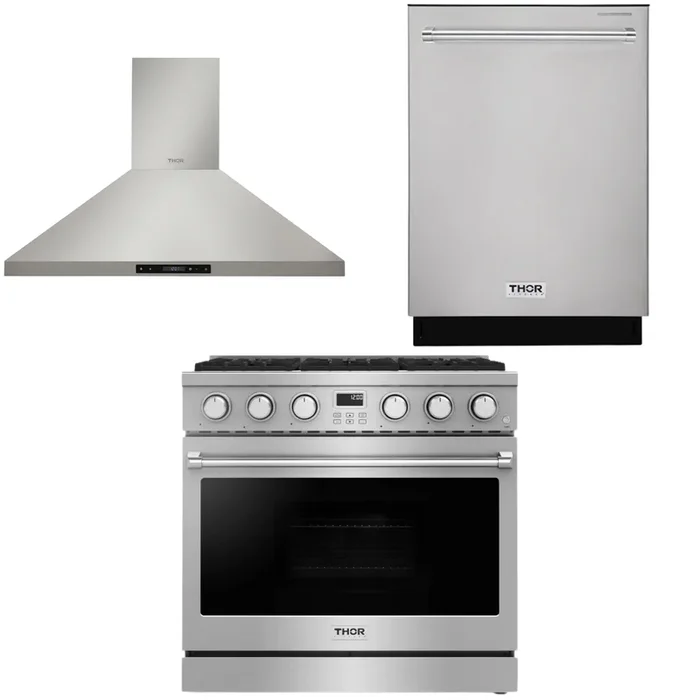 THOR Contemporary Package – 36″ Gas Range, Range Hood and Dishwasher, AP-ARG36-A11