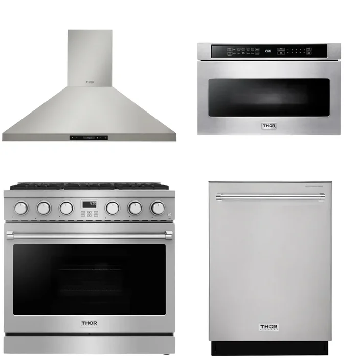 THOR Contemporary Package – 36″ Gas Range, Range Hood, Dishwasher and Microwave, AP-ARG36-A50