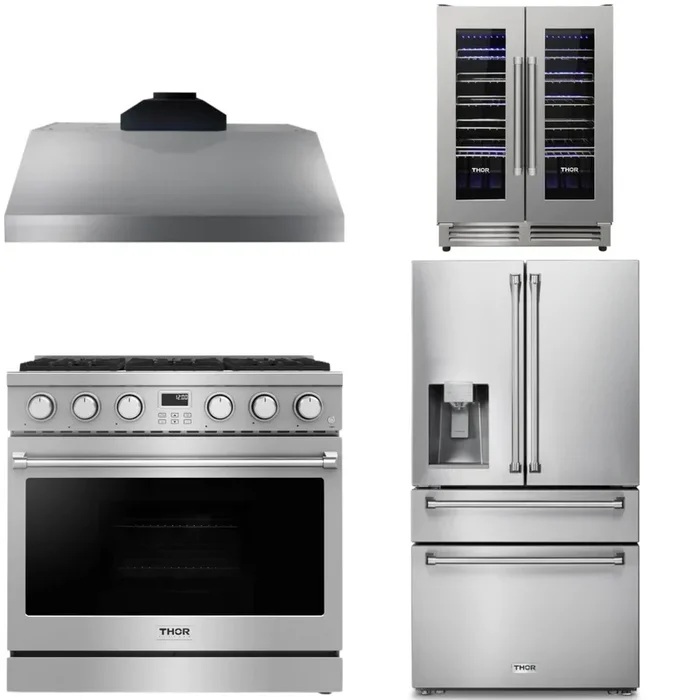 THOR Contemporary Package – 36″ Gas Range, Range Hood, Refrigerator and Wine Cooler, AP-ARG36LP-B71