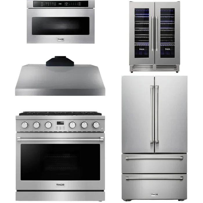 THOR Contemporary Package – 36″ Gas Range, Range Hood, Refrigerator, Microwave and Wine Cooler, AP-ARG36LP-B119