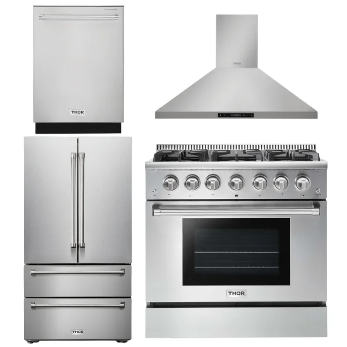 THOR Kitchen 36″ Gas Range, Range Hood, Refrigerator & Dishwasher Package, AP-HRG3618U-3