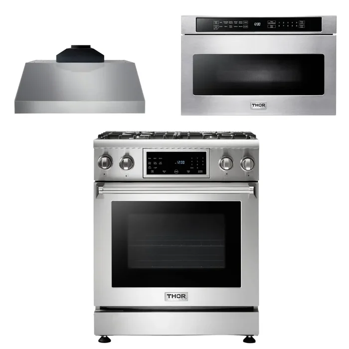 THOR Kitchen Package – 30″ Gas Range, Range Hood, Microwave, AP-TRG3001-C-4