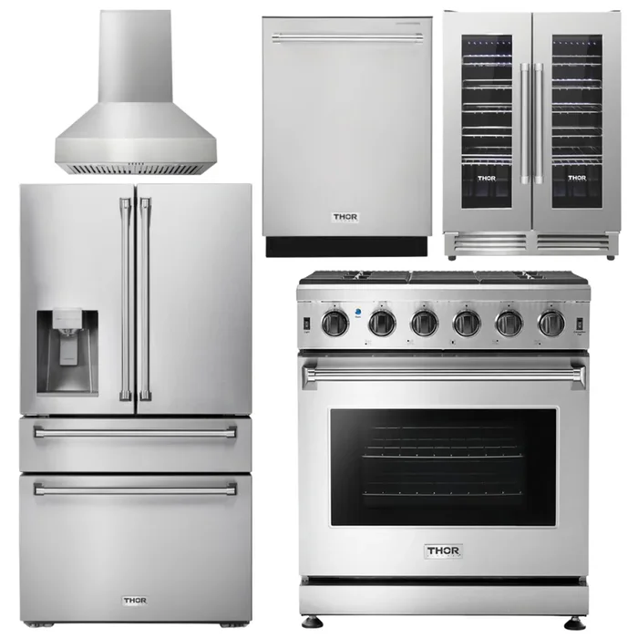 THOR Kitchen Package – 30″ Gas Range, Range Hood, Refrigerator with Water and Ice Dispenser, Dishwasher, Wine Cooler, AP-LRG3001U-W-8