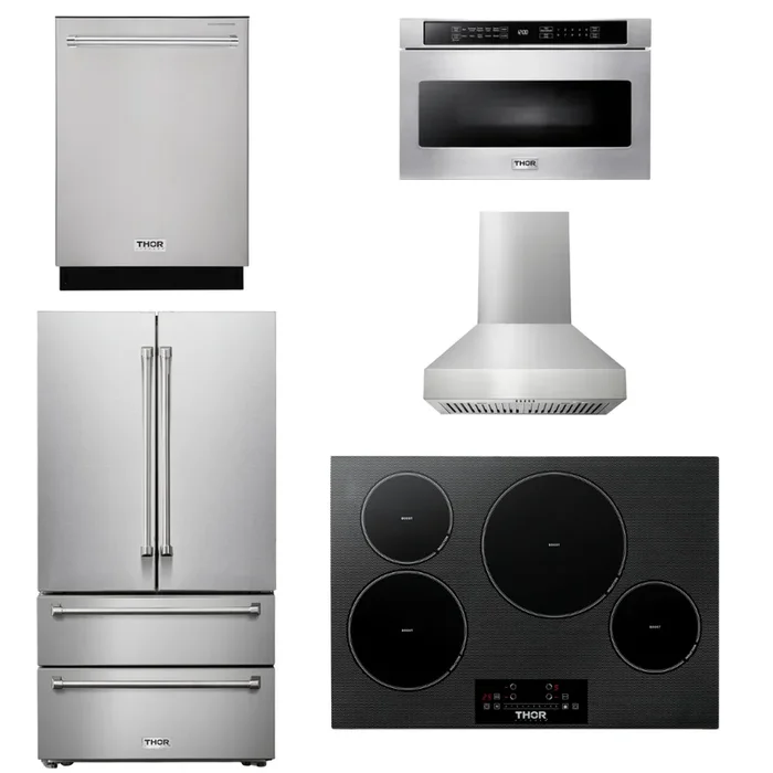 THOR Kitchen Package – 30″ Induction Cooktop, Range Hood, Microwave, Refrigerator, Dishwasher, AP-TIH30-W-5