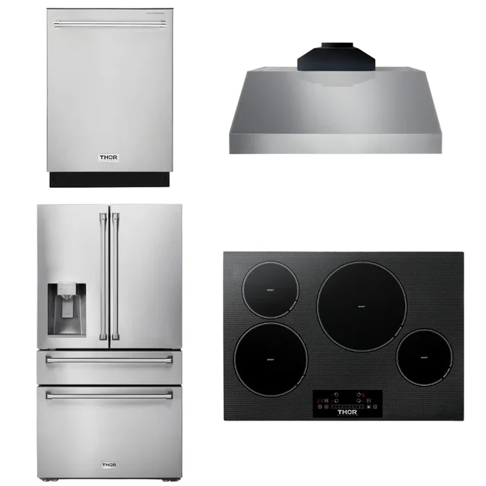 THOR Kitchen Package – 30″ Induction Cooktop, Range Hood, Refrigerator with Water and Ice Dispenser, Dishwasher, AP-TIH30-C-7