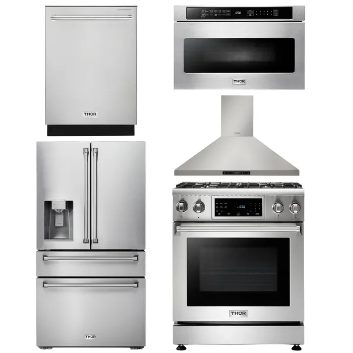 THOR Kitchen Package – 30 In. Propane Gas Range, Range Hood, Microwave Drawer, Refrigerator with Water and Ice Dispenser, Dishwasher, AP-TRG3001LP-13
