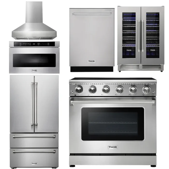 THOR Kitchen Package – 36″ Electric Range, Range Hood, Microwave, Refrigerator, Dishwasher, Wine Cooler, AP-HRE3601-W-6