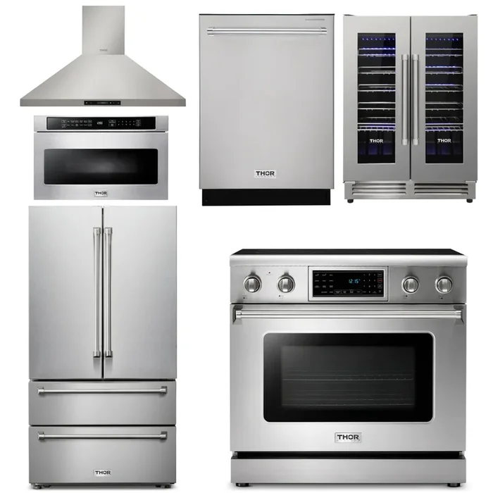 THOR Kitchen Package – 36″ Electric Range, Range Hood, Microwave, Refrigerator, Dishwasher, Wine Cooler, AP-TRE3601-8
