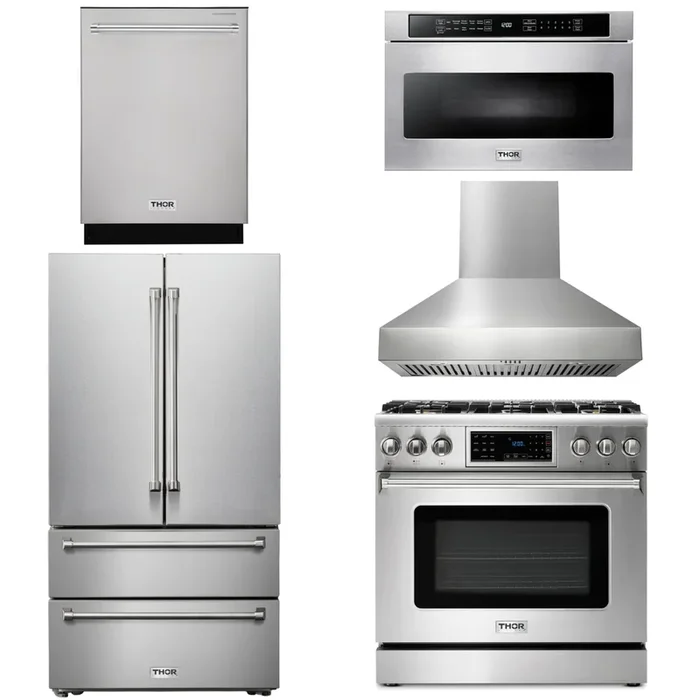 THOR Kitchen Package – 36″ Gas Range, Range Hood, Microwave, Refrigerator, Dishwasher, AP-TRG3601-W-5