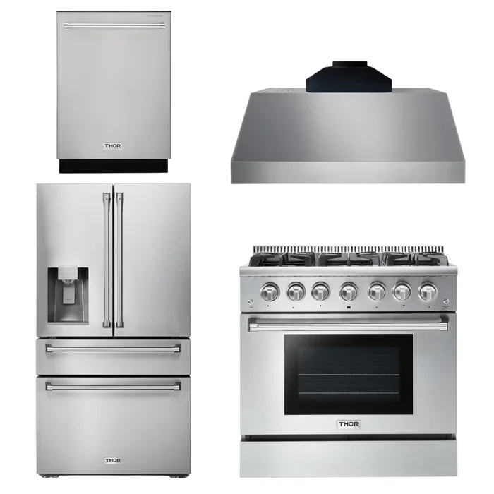 THOR Kitchen Package – 36″ Gas Range, Range Hood, Refrigerator with Water and Ice Dispenser, Dishwasher, AP-HRG3618U-C-7