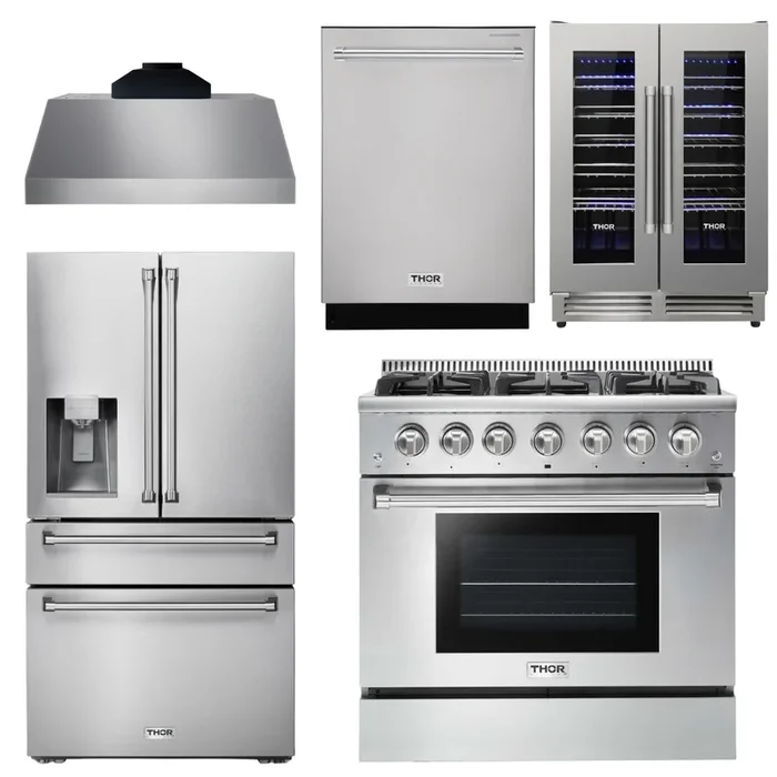 THOR Kitchen Package – 36″ Gas Range, Range Hood, Refrigerator with Water and Ice Dispenser, Dishwasher, Wine Cooler, AP-HRG3618U-C-8
