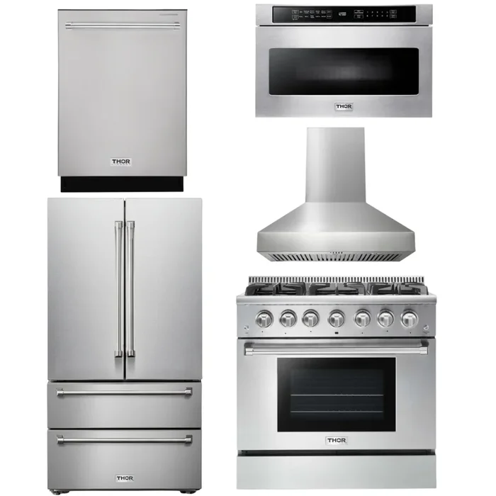 THOR Kitchen Package – 36″ Propane Gas Range, Range Hood, Microwave, Refrigerator, Dishwasher, AP-HRG3618ULP-W-5