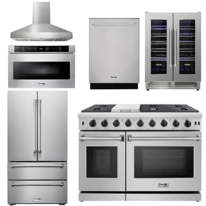 THOR Kitchen Package – 48″ Propane Gas Range, Range Hood, Refrigerator, Dishwasher, Wine Cooler, Microwave, AP-LRG4807ULP-W-6