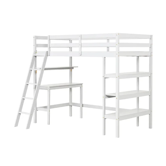 Twin Size Loft Bed with Desk and Bookshelves for Kids and Teens