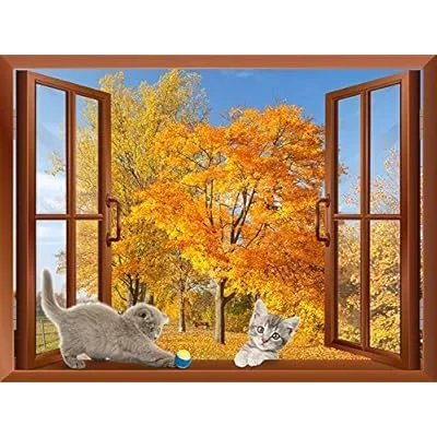 Two Cats Playing on The Windowsill with Golden Leaves in The Background | Removable Wall Sticker/Wall Mural – 24