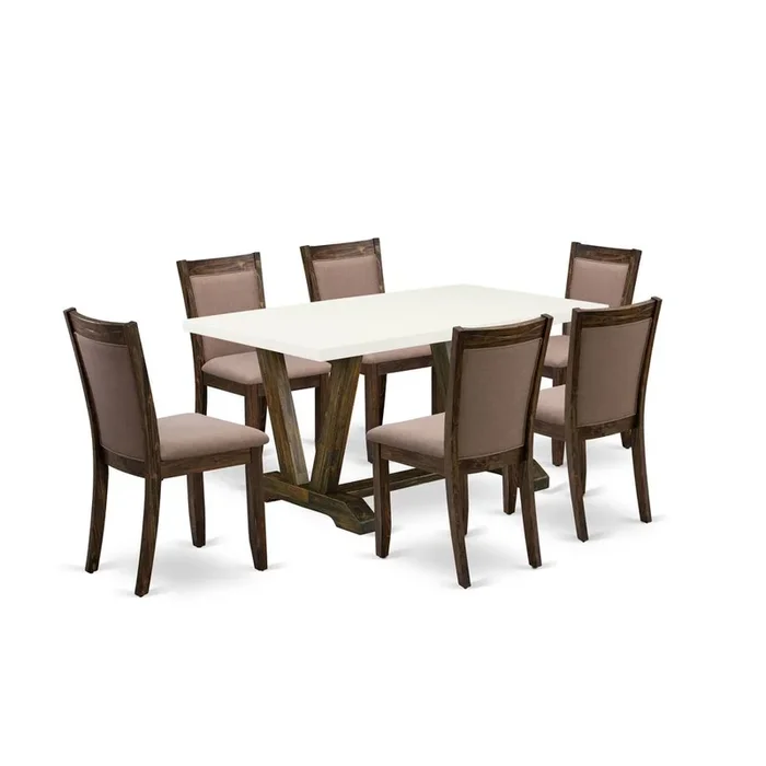 V726MZ748-7 – 7-Pc Modern Dining Table Set – 6 Parson Chairs and 1 Kitchen Dining Table (Distressed Jacobean Finish)