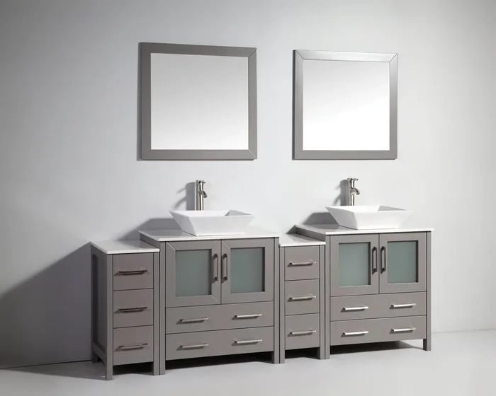 Vanity Art 84 in. Double Sink Vanity Cabinet with Ceramic Vessel Sink & Mirror (Double Cabinet) – Grey, VA3130-84G