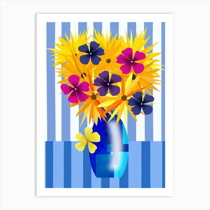 Vase of Yellow, Orange and Purple Flowers Art Print by Andrew Hitchen