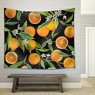 Vector – Seamless Pattern. Orange Fruits Background. Floral Pattern. Flowers, Leaves, Fruits Background – Fabric Wall Tapestry Home Decor – 51×60 inches