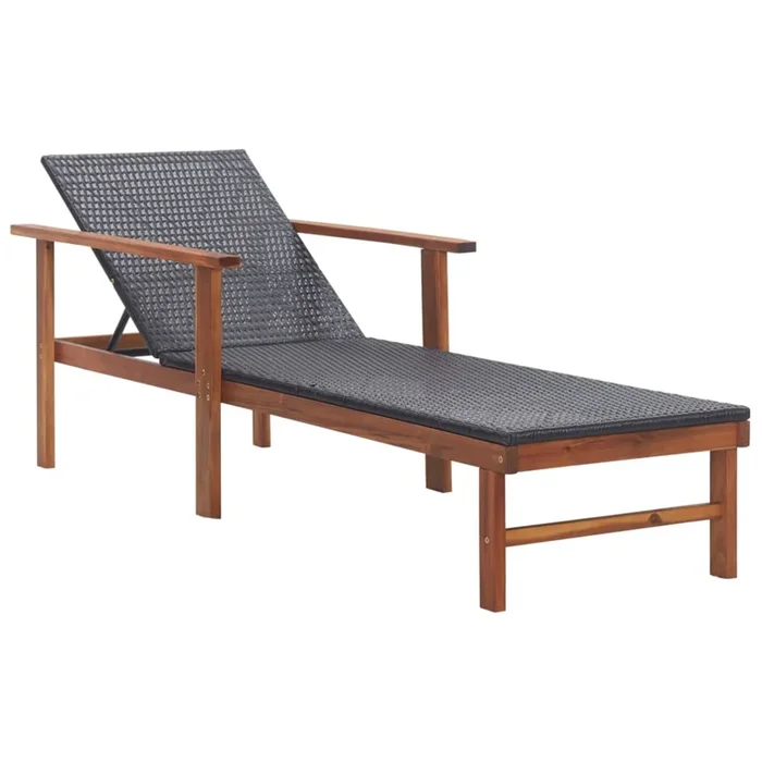 vidaXL Outdoor Sun Lounger in Gray Poly Rattan: Solid Acacia Wood Frame and Weather-Resistant Material -Includes Comfortable Dark Gray Cushion-Easy Care and Maintenance for Patio, Poolside, Garde…
