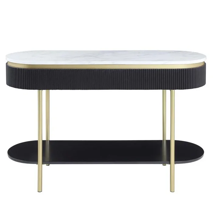Ville 48 Inch Oblong Sofa Console Table, White Faux Marble Top, Reeded Edge