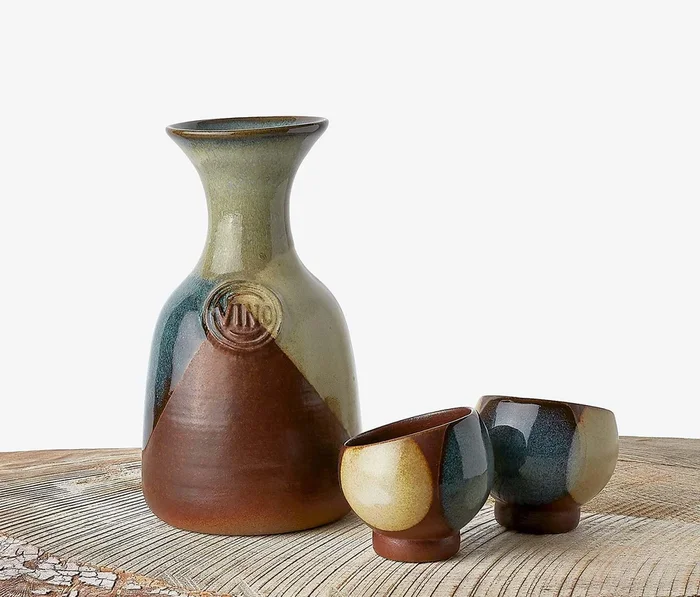 Vintage Pottery Craft USA/Robert Maxwell Style Abstract Small Wine-Sake Carafe-Cups Set
