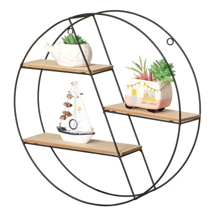 Vintiquewise Elegant 3-Tier Decorative Floating Circular Silhouette Wall Shelf – Circular Metal and Wood Wall-Mounted Shelf for Entryway, Bathroom, Bedroom, and Living Room Decor, Black Finish