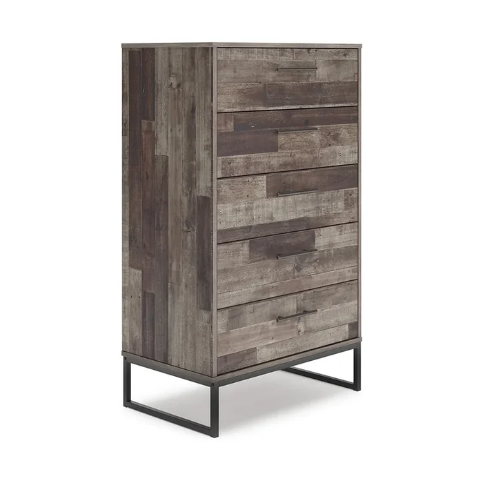 Vyne 51 Inch Tall Dresser 5 Drawers Chest, Gray Woodblock, Black Metal Base – Benzara