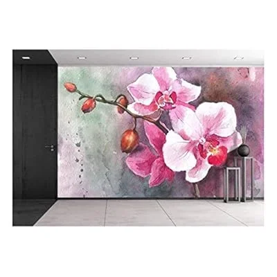 Watercolor Hand-Drawn Orchid Flowers – Removable Wall Mural | Self-Adhesive Large Wallpaper – 100×144 inches