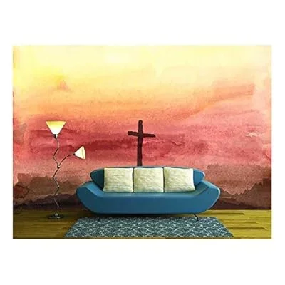 Watercolor Vector Illustration. Hand Drawn Easter Scene with Cross. Jesus Christ. Crucifixion. – Removable Wall Mural | Self-Adhesive Large Wallpaper – 66×96 inches