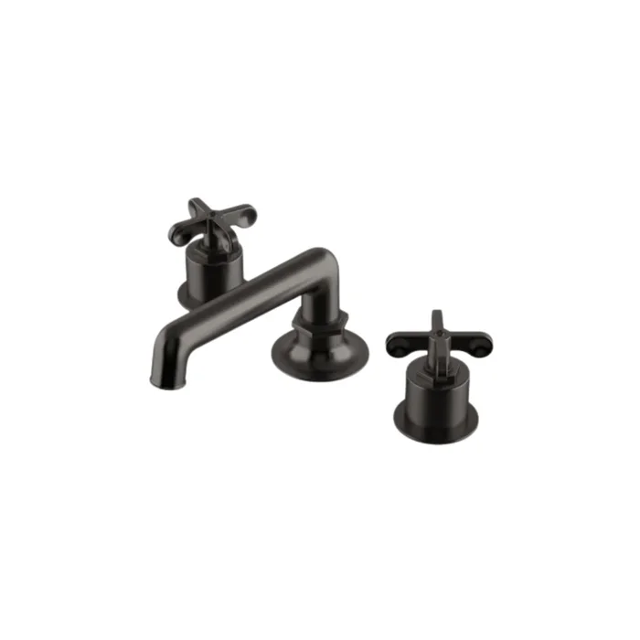 Waterworks Henry Low Profile Deck Mounted Lavatory Faucet Metal Cross Handles in Dark Nickel