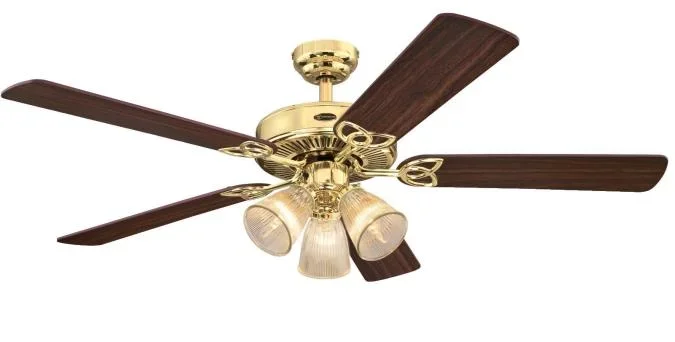 Westinghouse 52 Inch Ceiling Fan Polished Brass Finish Reversible Blades Walnut/Oak Clear Ribbed Glass (7233800)