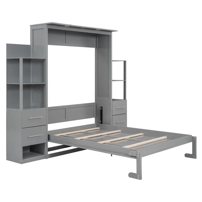 Whisen Modern Design Full Size Murphy Bed, Folded into a Cabinet with Shelves, Drawers and LED Lights