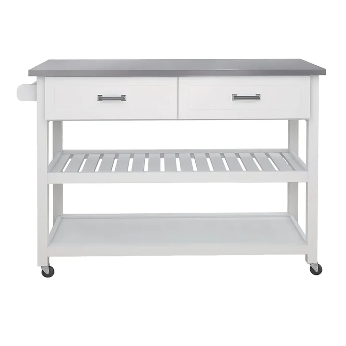 White Wood 47.24 in. Kitchen Island with Stainless Steel Top and Wheels