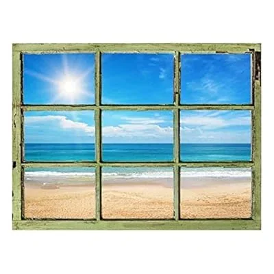 Window View Wall Mural – Blue Calm Ocean Under Sunny Sky – Vintage Style Wall Decor – Peel and Stick Adhesive Vinyl Material – 36×48 inches
