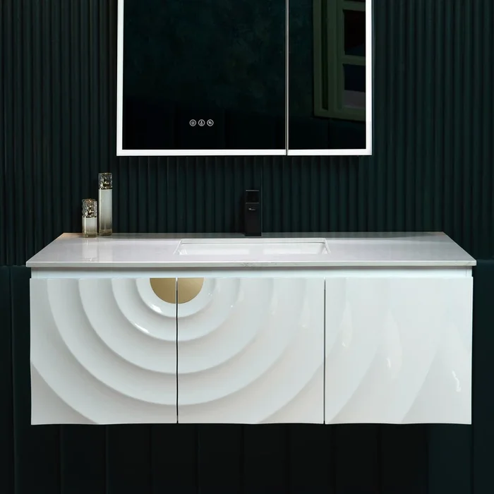 WOODBRIDGE 48 “X22 ” Wall Mounted Floating Bathroom Vanity in White with Single Ceramic Undermount Sink, White Engineered Stone Vanity Top– 3D Wave Pattern Doors, Space-Saving for Modern Living