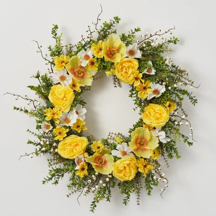 Yellow Wild Rose, Poppy & Berry Spring Summer Front Door Wreath