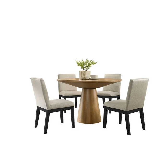Yuvi 5 Piece Dining Table and Chair Set, Brown Round Top, Beige, Black – Benzara
