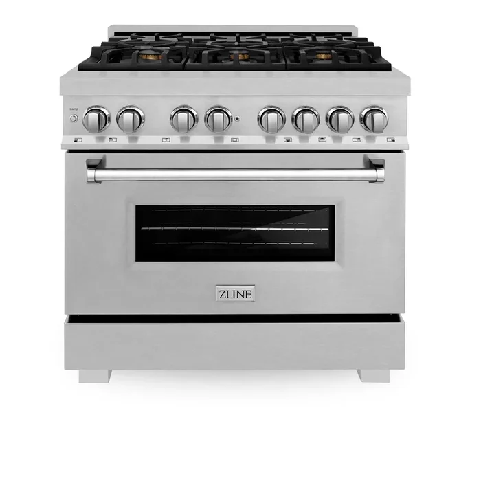 ZLINE 36″ 4.6 cu. ft. Legacy Dual Fuel Range with Gas Cooktop and Electric Convection Oven in Satin Stainless Steel with 6 Brass Burners, RAS-SN-BR-36