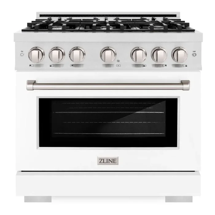 ZLINE 36″ 5.2 cu. ft. Select Dual Fuel Range with 6 Burner Gas Cooktop and Electric Convection Oven in Satin Stainless Steel with White Matte Door, HDRS-WM-36