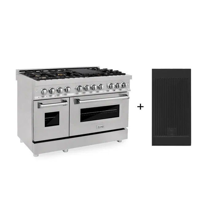 ZLINE 48″ 6.0 cu. ft. Legacy Dual Fuel Range with Gas Cooktop and 2 Electric Ovens in Satin Stainless Steel with 6 Brass Burners and Griddle, RAS-SN-BR-GR-48