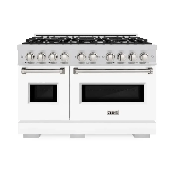 ZLINE 48″ 6.7 cu. ft. Classic Double Oven Dual Fuel Range with 8 Burners in Stainless Steel with White Matte Doors, CDR-WM-48