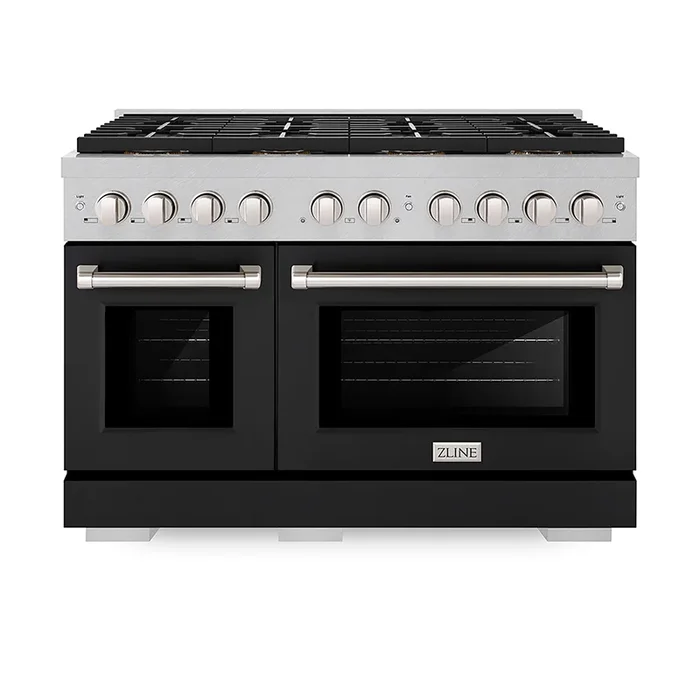 ZLINE 48″ 6.7 cu. ft. Paramount Gas Range with 8 Burner DuoPro™ Cooktop and Dual Ovens in Satin Stainless Steel with Black Matte Doors, PSGRS-BLM-48