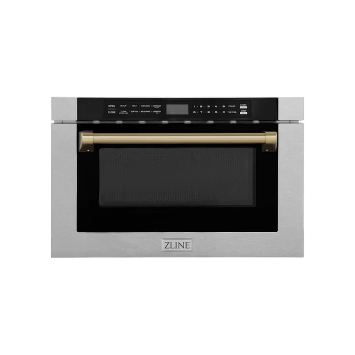 ZLINE Autograph 24″ 1.2 cu. ft. Built-in Microwave Drawer with a Traditional Handle in Satin Stainless Steel and Champagne Bronze Accents, MWDZ-1-SS-H-CB
